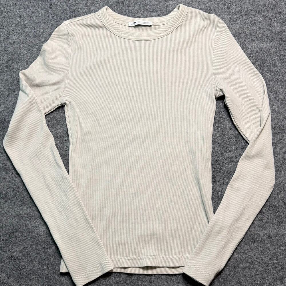Zara Cream Ribbed Long‎ Sleeve Crewneck Fitted Top Women’s Size Medium